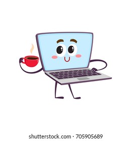 vector flat cartoon funny laptop humanized character with arms, legs and face holding cup of coffee in hand. Isolated illustration on a white background.
