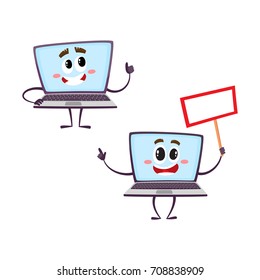vector flat cartoon funny laptop humanized male characters with arms, legs and face showing thumbs up, holding blank placard in hand smiling set. Isolated illustration on a white background.