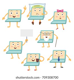 vector flat cartoon funny laptop humanized male characters set. Cheerful old and young man notebooks with different emotions. Isolated illustration on a white background.