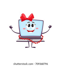 vector flat cartoon funny laptop humanized female girl character with arms, legs and face , wearing red bow and beards smiling. Isolated illustration on a white background.