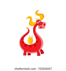 vector flat cartoon funny red adult, mature dragon with horns and wings. Isolated illustration on a white background. Fairy mysterious cute creature character for your design