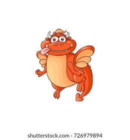 vector flat cartoon funny red adult fat dragon with horns and wings sticking out tongue. Isolated illustration on a white background. Fairy mysterious cute creature character for your design