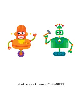 vector flat cartoon funny repairing robots set. Cute humanoid male characters with wrench, hummer - arms and wheel, crawler track - legs smiling. Isolated illustration on a white background.