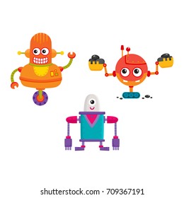 vector flat cartoon funny repairing robots set. Cute humanoid male characters with wrench, ladle - arms and wheel, crawler track - legs smiling. Isolated illustration on a white background.