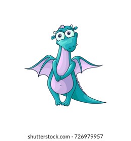 vector flat cartoon funny shy female blue dragon with red horns and wings sitting. Isolated illustration on a white background. Fairy mysterious cute creature character for design