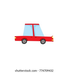 vector flat cartoon funny stilyzed red colored sedan car front view. Isolated illustration on a white background. Road motor vehicle transport.