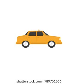 vector flat cartoon funny stilyzed yellow colored sedan car side view. Isolated illustration on a white background. Road motor vehicle transport.