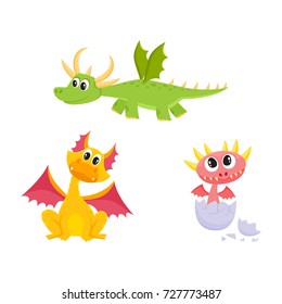 vector flat cartoon funny teen green flying, and yellow sitting dragons with horns and wings and baby hatching from egg cute fairy dragon characters set. Isolated illustration on a white background.