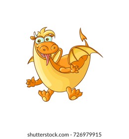 vector flat cartoon funny yellow dragon with horns and wings sticking out tongue. Isolated illustration on a white background. Fairy mysterious cute creature character for your design