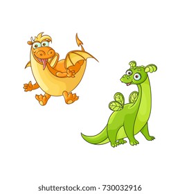 vector flat cartoon funny yellow sticking out tongue and green dragons with horns and wings. Isolated illustration on a white background. Fairy mysterious cute creature character for your design