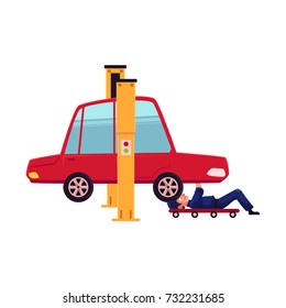 vector flat cartoon funny young man, boy mechanic in blue uniform repairing lifted sedan car lying under it. Male full lenght portrait caucasian character isolated, illustration on a white background