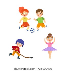 vector flat cartoon funny young teen kids doing sports set. Boy and girl playing football, girl ballet dancer, boy hockey player in uniform. Isolated illustration on a white background.