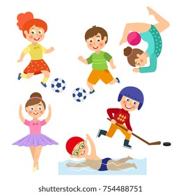 Vector Flat Cartoon Funny Young Teen Kids Doing Sports Set. Boys And Girls Playing Football, Hockey. Swimming In Pool, Dancing Ballet, Making Gymnastics. Isolated Illustration On A White Background.