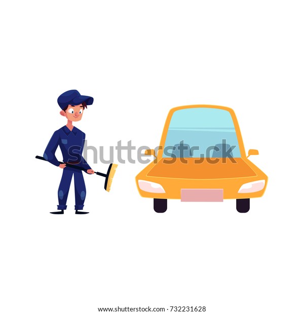 vector flat cartoon funny young man, boy\
mechanic in blue uniform holding big broom in hands near yellow\
car. Male full lenght portrait caucasian character isolated,\
illustration on a white\
background