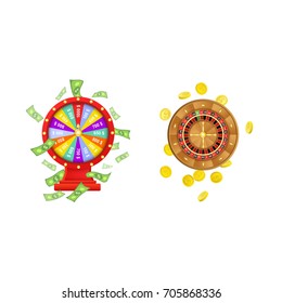 vector flat cartoon gambling lucky wheel of fortune with dollar rain around, casino roulette wheel with golden coins set. Isolated illustration on a white background. Sign of profit, easy money.
