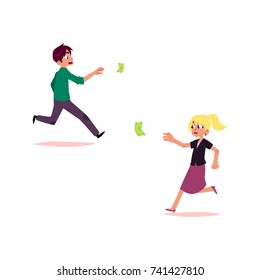 vector flat cartoon girl and boy running for money. Female, male Clerk, office worker woman, man in skirt chasing, trying to catch for dollar note. Isolated illustration on a white background.