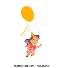 vector flat cartoon girl child dancing with big yellow balloon alone in red dress smiling. Little dancer female character. Isolated illustration on a white background. Kids party concept