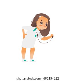 Vector flat cartoon girl doctor holding stethoscope examining somebody's lungs. Isolated illustration on a white background. Child, kid character in white medical gown