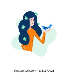 Vector Flat Cartoon girl in the hair quotes in an orange sweater on her hands holding a bird. Relaxing outdoor recreation enjoying time to rest. reflections rejoicing woman wonders.