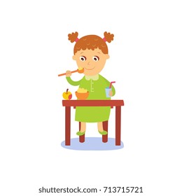 vector flat cartoon girl kid eating apple porridge with drink sitting at baby table from plate, smiling. isolated illustration on a white background. Daily routine concept