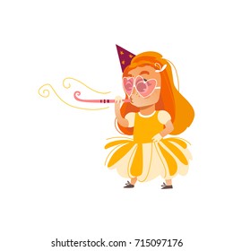 vector flat cartoon girl kid in funny heart glasses, yellow dress and party hat faving fun whistling. isolated illustration on a white background. Kids patty concept