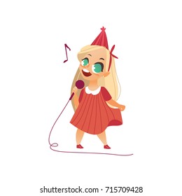 vector flat cartoon girl kid singing at microphone standing alone in pink dress party hat. Little vocal star female character. Isolated illustration on a white background. Kids party concept