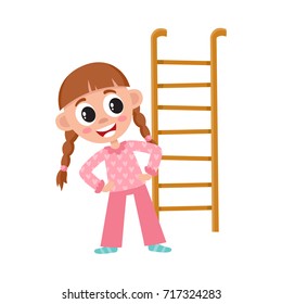 vector flat cartoon girl kid in night pajamas are going to climb the ladder of her bed, or making gymnastics smiling. isolated illustration on a white background. Daily routine concept