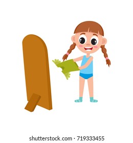 vector flat cartoon girl kid dressing in front of the mirror. Isolated illustration on a white background. Happy child character, daily routine concept.