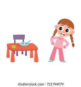 vector flat cartoon girl kid are going to eat apple and porridge from baby table, standing near it smiling. isolated illustration on a white background. Daily routine concept