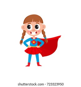 vector flat cartoon girl kid in fancy super woman costume with red cape smiling. Child female character. Isolated illustration on a white background. Daily routine concept