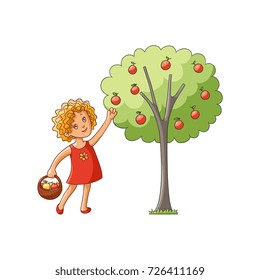 vector flat cartoon girl kid in red dress holding wicker basket collecting apples from apple tree smiling. Isolated illustration on a white background. Children at garden concept.