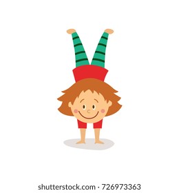 vector flat cartoon girl kid having fun doing handstand exercise smiling. Children activity in a yard concept. Isolated illustration on a white background.