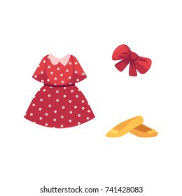 vector flat cartoon girl kid child outfit apparel set - red dotted dress, yellow shoes and red festive fancy bowtie. Isolated illustration on a white background.