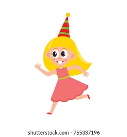 vector flat cartoon girl kid in funny pink dress and party hat faving fun. isolated illustration on a white background. Kids patty concept