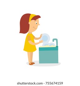 vector flat cartoon girl kid washing dishes standing in apron smiling near sink. Isolated illustration on a white background. Daily routine concept