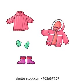 vector flat cartoon girl kid child outfit winter apparel set - green knitted warm mittens gloves with snowflakes, rubber boots jacket and pullover. Isolated illustration on a white background.