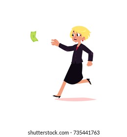 vector flat cartoon girl running for money. Female Clerk, office worker woman chasing, trying to catch for dollar note. Isolated illustration on a white background.