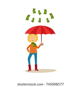 vector flat cartoon girl standing under money rain. Female character in autumn clothing, woman catching dollar notes falling from air. Isolated illustration on a white background.