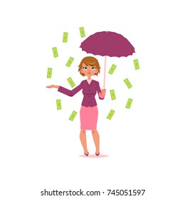 vector flat cartoon girl standing under money rain. Female Clerk, office worker woman catching dollar notes falling from air. Isolated illustration on a white background.