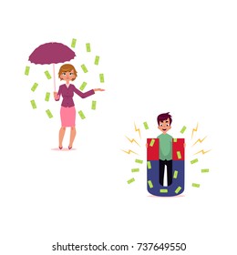 vector flat cartoon girl, woman clerk character standing under money rain with umbrella, man with magnet attracting dollars set. Isolated illustration on a white background.