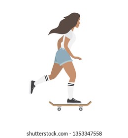 Vector flat cartoon girl young woman on skateboard isolated on white background 