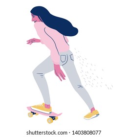 Vector flat cartoon girl young woman on skateboard with long hair isolated on white background