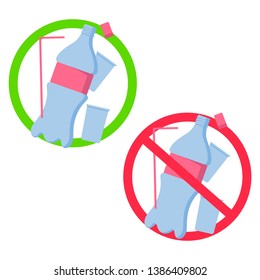 Vector flat cartoon good sign and bad sign with plastic bottle, tubes and plastic cups, vector illustration isolated on white background