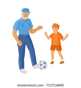 vector flat cartoon grandfather in blue jeans clothing and grandson playing football. Isolated illustration on a white background. Grandparents and children relationship concept