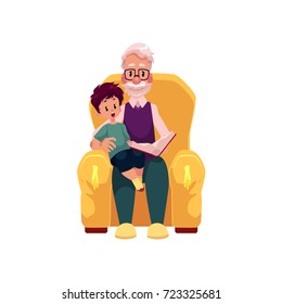 vector flat cartoon grandfather and grandson sitting at armchair reading book together. Isolated illustration on a white background. Grandparents and children relationship concept