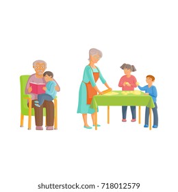 vector flat cartoon grandparents and children set. Grandmother reads book with grandson sitting in chair, and girl and boy helping roll out dought. Isolated illustration on a white background.