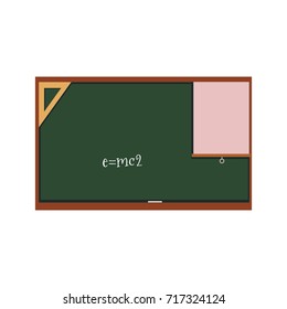 vector flat cartoon green blackboard with triangle protractor ,paper and written by chalk energy formula. Isolated illustration on a white background. Back to school concept