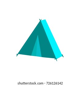vector flat cartoon green hiking, camping triangle touristic tent ready to use. Isolated illustration on a white background. Travelling, trip attribute concept
