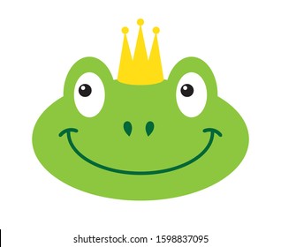 Vector flat cartoon green princess frog face in crown isolated on white background