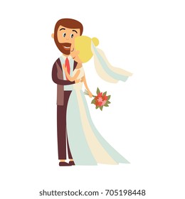 vector flat cartoon groom and bride newlywed couple holding and hugging each other with love and care. Illustration isolated on a white background. Wedding concept character design